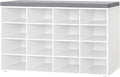 DINZI LVJ Shoe Storage Bench with Cushion, 16-Cubby Shoe Rack, Adjustable Shelves, Multifunctional Shoe Organizer Bench for Entryway, Mudroom, Hallway, Living Room, Bedroom and Garage, White