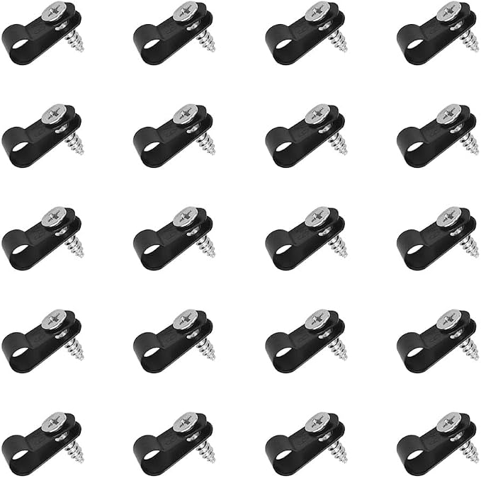 100 PCS Wiring Harness P-Style Mounting Clips, Cable Clamp R-Type, Nylon Screw Mounting Cord Fastener Clips with Screws, Cable Clamp 1/4 Black R Type for Wire Management (Black)