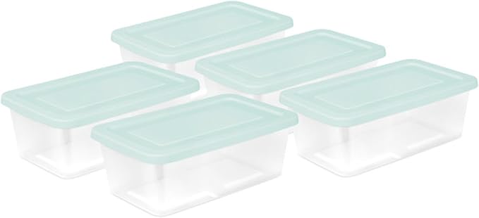 Sterilite Set of 5 Storage Boxes, Clear Plastic Stackable Containers, Lightweight Home Organizers with Snap Lids, 6 Quart, Mindful Mint