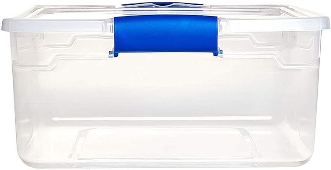 HOMZ 4-Pack 15.5 Quart Latching Lid, Clear Plastic Storage Organizer Bins, Blue – Stackable Containers for Home & Office Shelves, Kitchen, Garage, and Bathroom Organization