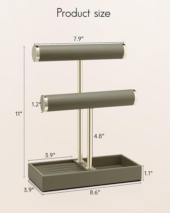 VLANDO 2 Tier Bracelet Holder with Tray - Jewelry Stand Organizer for Women - Valentines Day Gift Her- Jewelry Holder Display for Necklace, Watches, Rings, Earrings, Bangle, Scrunchie - Olive Green