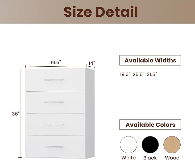 ROOMTEC 19.5" 4 Drawer Short Tower Closet Unit, Modular Closet System with Drawers and Shelf, Wardrobe Organizer for Bedroom or Walk-in Closet, Wall Mounted, Customizable Clothes Storage Unit, White