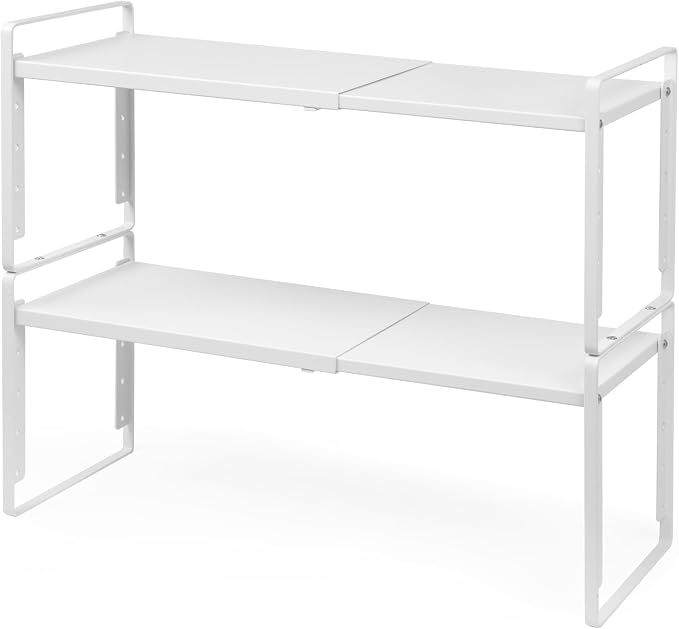 Nxconsu Expandable Cabinet Shelf Organizer Riser, 8.6" 2 Pack White | Heavy-Duty Steel Expandable Shelf Holds 50 lb, 5-Level Stackable Riser for Kitchen Cabinet Cupboard Pantry Counter Under Sink