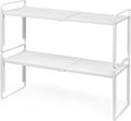 Nxconsu Expandable Cabinet Shelf Organizer Riser, 8.6" 2 Pack White | Heavy-Duty Steel Expandable Shelf Holds 50 lb, 5-Level Stackable Riser for Kitchen Cabinet Cupboard Pantry Counter Under Sink