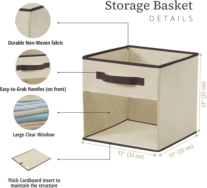 DECOMOMO Storage Bins, Cube Storage Bin with Window | 13" Cube, 6 Pack, Fabric Storage Cubes for Shelves (Beige)