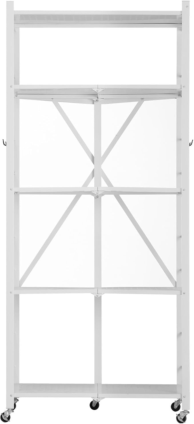 VEVOR 5-Tier Foldable Storage Shelf, 28 W x 15D x 64H Inch Folding Metal Rack Shelving Unit, No Assembly Organizer Shelf with 5 Wheels & 4 Hooks for Pantry, Kitchen, Garage, Basement, White