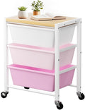 Rolling Cart with 3 Drawers, Plastic Drawer Storage Carts with Lockable Wheels & Wooden Tabletop, Metal Utility Cart Organizer, Office Bedroom Classroom Craft Organization and Storage, Bright Pink