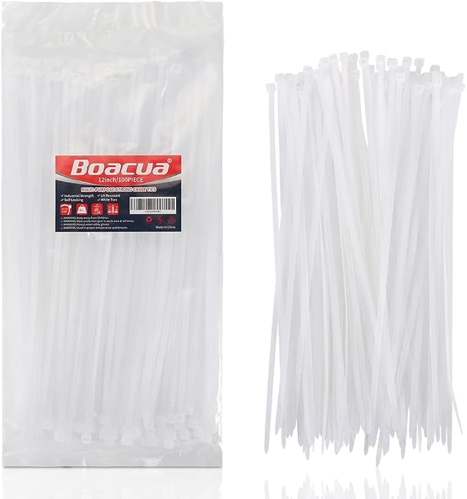 White Zip Ties Heavy Duty 12 inch,100 Pack,50LB, Cable Ties, Clear Zipties | Premium Nylon | UV Resistant | Weatherproof, Ideal for Indoor & Outdoor