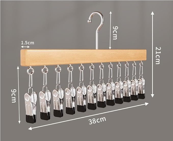 Wooden Closet Organizer Hanger with 12 Clips, Space Saving Hanging Organizer for Hats Scarves Jeans Skirts Socks Pants, 15 Inch, 360° Swivel Hook (2PcsWood Colour)