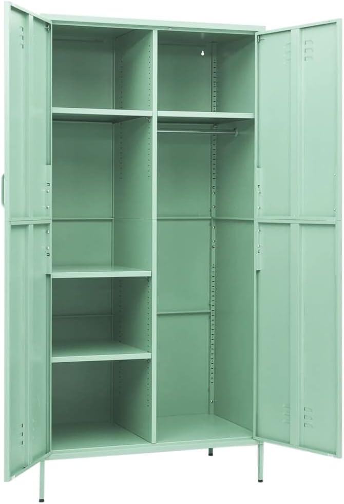 Metal Wardrobe Storage Cabinet,Employees Locker Wardrobe Industrial Steel Storage Cabinet with Hanging Rod, 4 Adjustable Shelves for Office, Garage, Home 35.4"x19.7"x70.9" Mint