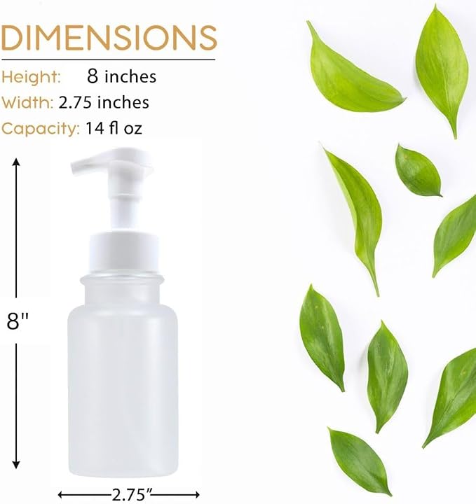 14 oz Plastic Foaming Soap Bottle Dispenser (Clear/White) | frosted finish, wide opening, easy refills, for foam soap, thick plastic
