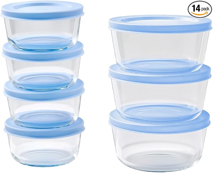 14-Piece Glass Food Storage Containers Set (7 Containers + 7 BPA-Free Lids) | 1-Cup & 2-Cup, Leakproof | Microwave, Freezer, Oven & Dishwasher Safe | Ideal for Meal Prep & Pantry Organization, Blue