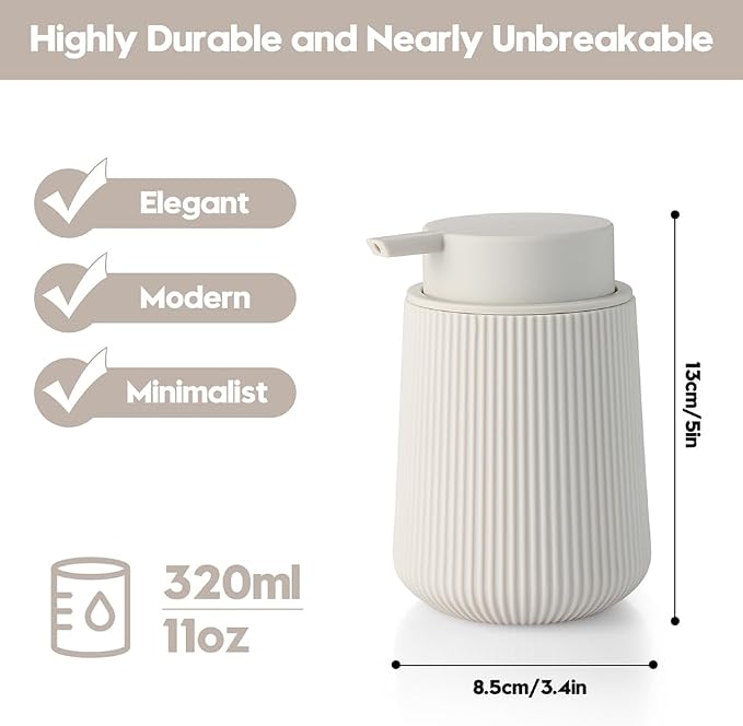YAUKPH Striped Liquid Hand Soap Dispenser with Leak-Proof Pump for Bathroom and Kitchen Countertop 11oz Beige