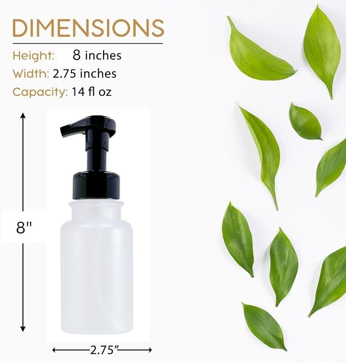 14 oz Plastic Foaming Soap Bottle Dispenser (Clear/Black) | frosted clear, matte finish, for foam soap, wide opening, easy refills, thick plastic