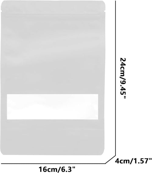 100PCS Foil Pouch Mylar Bags with Clear Window,ULIFESTAR Stand Up Sealable Bags with Tear Notches,Resealable for Food,Party Favors,Gift Packaging and Small Business(16 * 24cm/6.3 * 9.45",White)
