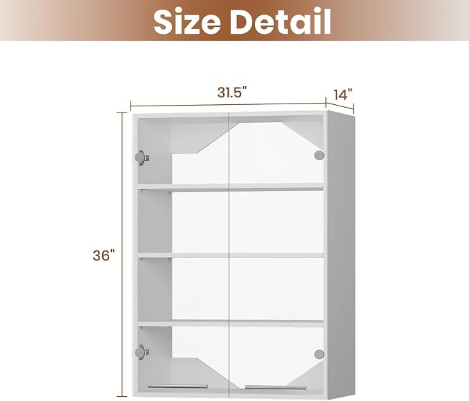 ROOMTEC 31.5" Shlef Tower Wardrobe Closet with Clear Glass Doors, Wall Mounted Modular Closet System, Clothes Storage Unit for Bedroom or Walk-in Closet, White