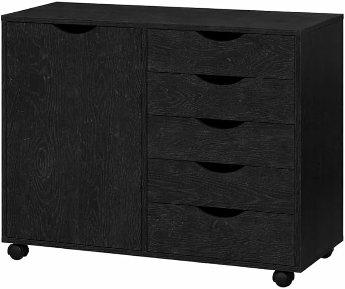 Naomi Home Wooden 5 Drawer Dresser with Cabinet Shelves and Wheels, Drawer Dresser for Bedroom Closet and Dressing Room Storage in Distressed Black