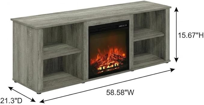Furnifact Grey TV Stand with Fireplace, 60 Inch Wood Console, Open Shelves, Cord Management, Modern Style, Living Room, Home Entertainment