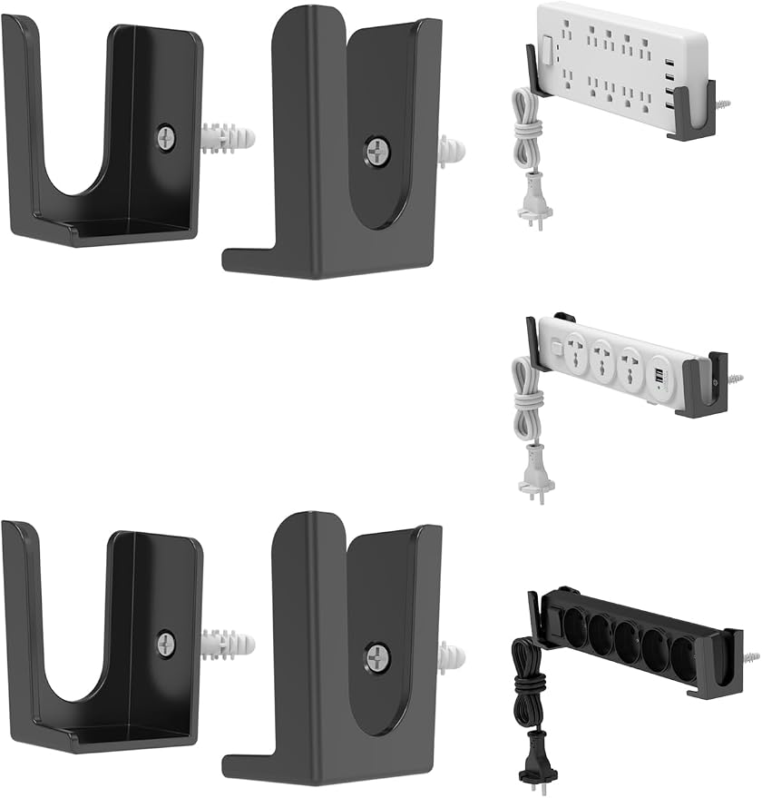 Power Strip Holder, 2 Set Power Strip Wall Mount, (Black) | Punch Free Socket Holder Fit for Under Desk, Bedside and More, Fixed by Adhesive or Screw