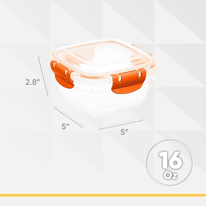 Superio Plastic Food Storage Container with Airtight Lid- 16 Oz, BPA Free, Leakproof, Stackable, Microwave, Dishwasher and Freezer Safe, Orange