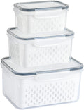 Srliya Pack of 3 Drain Storage Basket, Transparent LeakProof Food Storage Containers with Removable Strainer for Refrigerator
