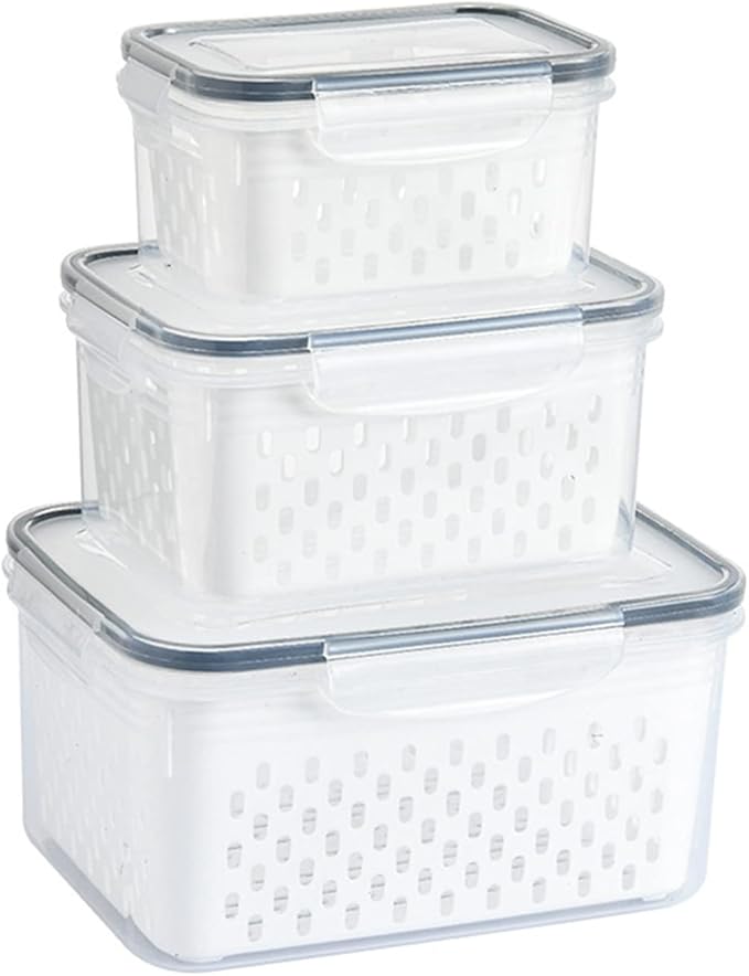 Srliya Pack of 3 Drain Storage Basket, Transparent LeakProof Food Storage Containers with Removable Strainer for Refrigerator