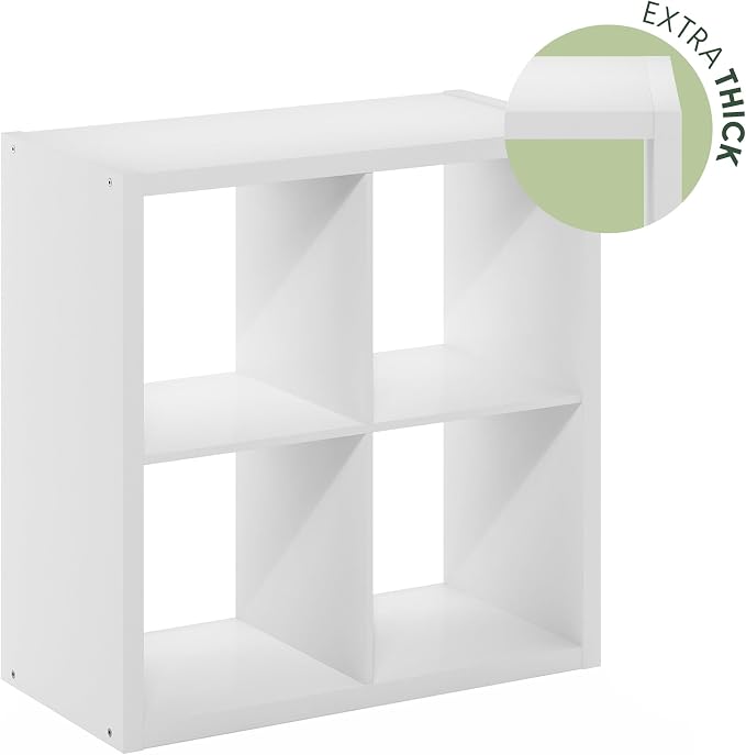 Furinno Cubicle Open Back Decorative Cube Storage Organizer, 4-Cube, White | 14.6" x 30" x 30", Reversible Bookcase with Open Back, for Living Room, Bedroom, Home Office