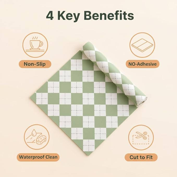 Coavas Shelf and Drawer Liner, Non Slip Extra Grip Non Adhesive Waterproof Thickened Cabinet Mat, Easy Cut for Kitchen Pantry Bathroom Dresser Cupboard (Green Rhombic, 12IN x 10FT)