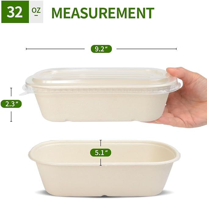 32 oz Disposable Meal Prep Containers with Lids 50 Pack | Disposable Food Containers with Lids, Compostable and Microwavable Togo Lunch Boxes for Meal Prep, Take Out, 50 Bowls 50 Lids