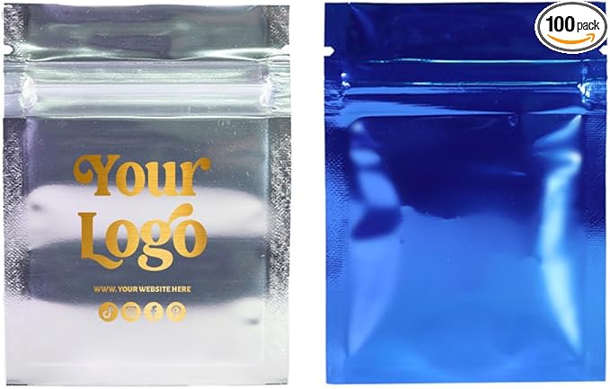 100PCS Customized Mylar Zipper Bags,Clear Front Resealable Packaging Pouches For Food Storage,Single Color Printing for Logo/Text/QR Code (Blue, 6.5 * 9CM/2.6"*3.5"-100PCS-One Color Print)