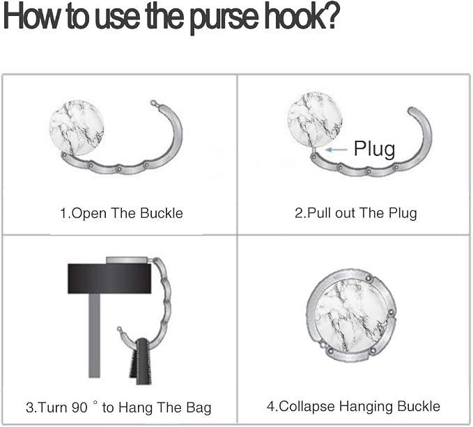 Bosketo Foldable Purse Hook Womens Bag Table Hanger Collection Desk Hooks for Purse (White+Black Marble Hook)