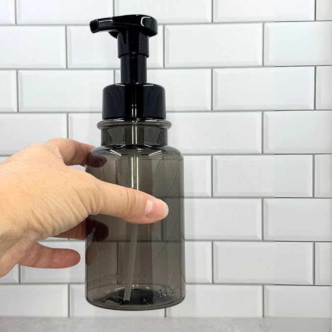 14 oz Plastic Foaming Soap Bottle Dispenser (Gray/Black) | refillable, countertop bottle, for kitchens, for bathrooms, luxurious foam