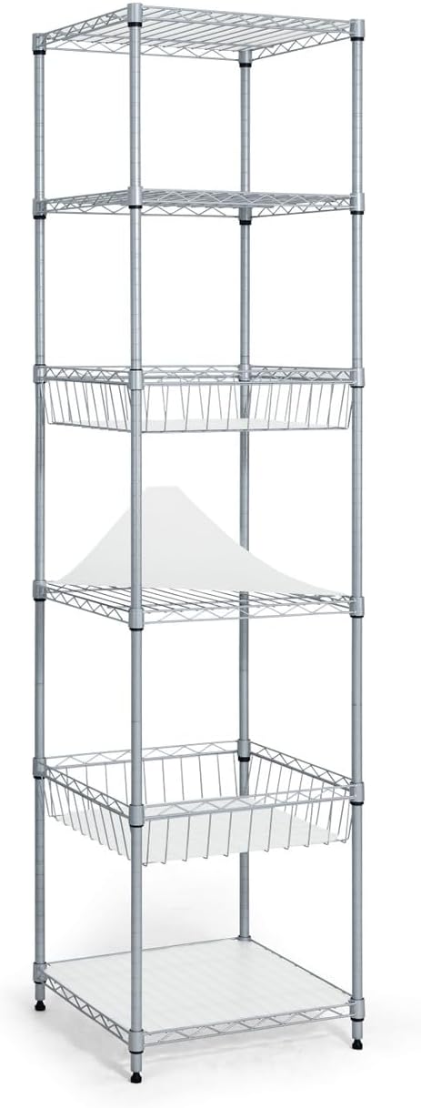 Fencer Wire NSF 6 Tier Wire Shelving Unit w/Baskets & Liner, Storage Rack Kitchen, Bathroom, Laundry Closet, Wire Shelving Basket Shelves, Storage Rack Corner Shelves, Silver Grey