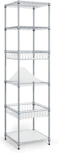 Fencer Wire NSF 6 Tier Wire Shelving Unit w/Baskets & Liner, Storage Rack Kitchen, Bathroom, Laundry Closet, Wire Shelving Basket Shelves, Storage Rack Corner Shelves, Silver Grey