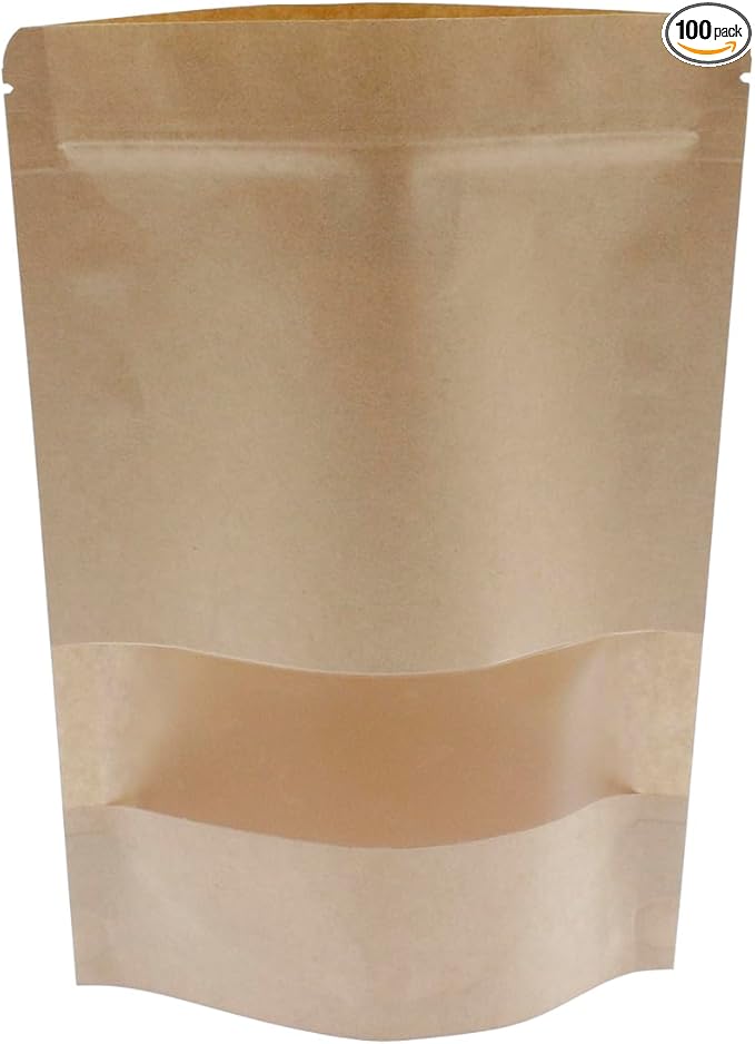 Kraft Paper Zipper Pouches,ULIFESTAR Kraft Stand Up Zip Lock Pouch Bags,100PCS Resealable Bag with Transparent Window and Tear Notch Resealable Bag for Small Business HomeUse,9"*13"(23 * 33cm+5cm)