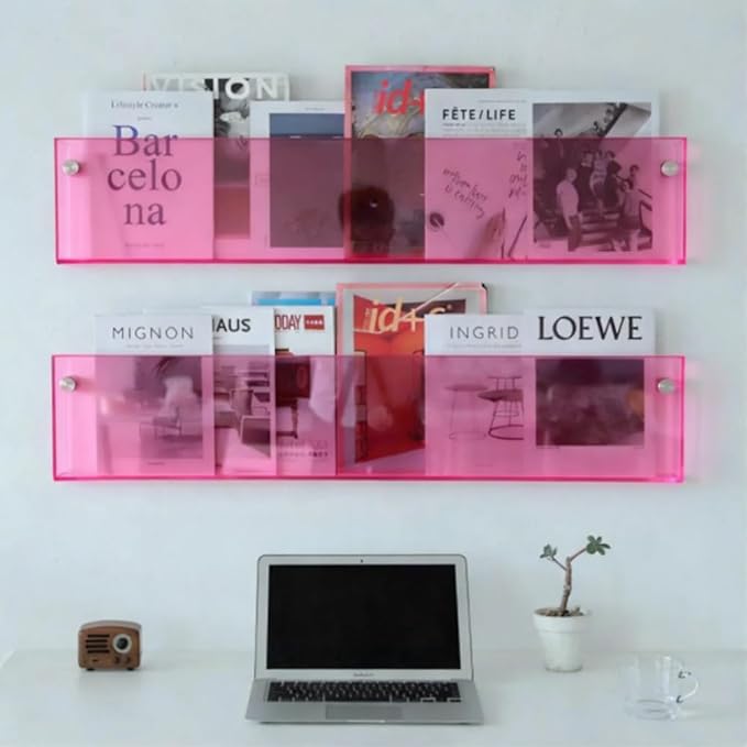ROYALITA 2-Pack Acrylic Magazine Holder Brochure Holder, Pink 36 Inch | Record Magazine Rack, Fashion Floating Bookshelf, Literature Storage Rack for Waiting Room, Living Room, Office