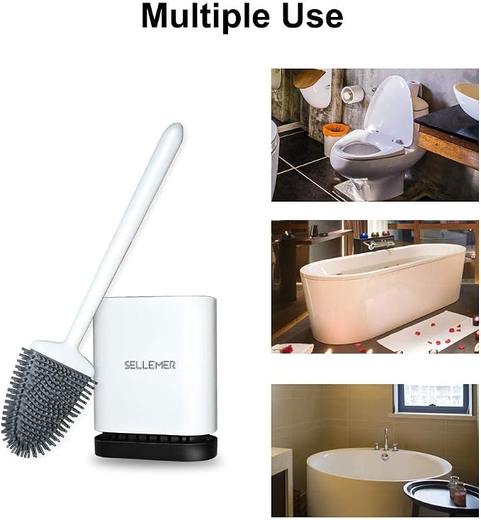 Sellemer Silicone Toilet Brush, Ventilation Slots Holder 2 Pack Pearl White | Flexible Bristles Flat Head for Rim, Hair Tangle-Free, Easy to Clean, Compact Design, Rustproof Handle, for Toilet/Sink/Tub