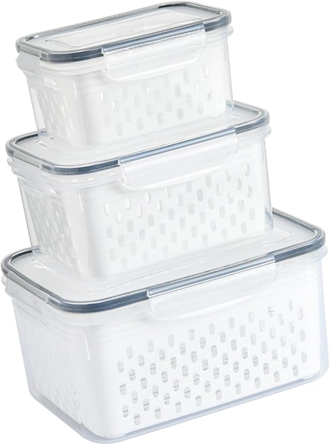 Srliya Pack of 3 Drain Storage Basket, Transparent LeakProof Food Storage Containers with Removable Strainer for Refrigerator