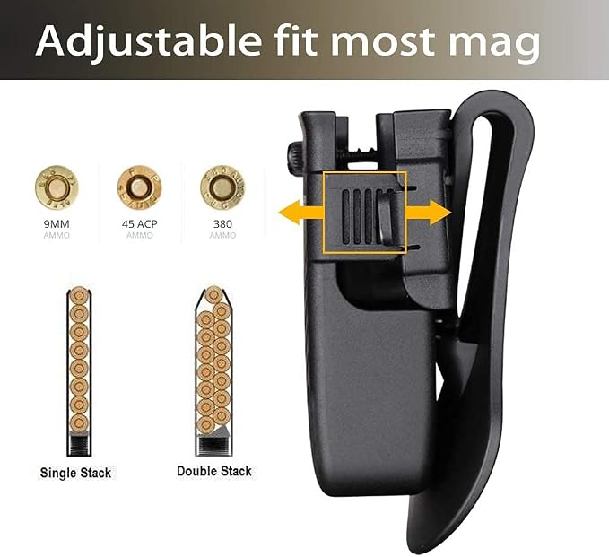 Double Magazine Holster Universal fit 9mm 380 10mm .40 .45 Pistol Magazines | Adjustable Retention Mag Holder Pouch for Glock/Sig sauer/S&W/Beretta/Taurus/Springfield/Ruger/1911 Single & Double Stack Mag