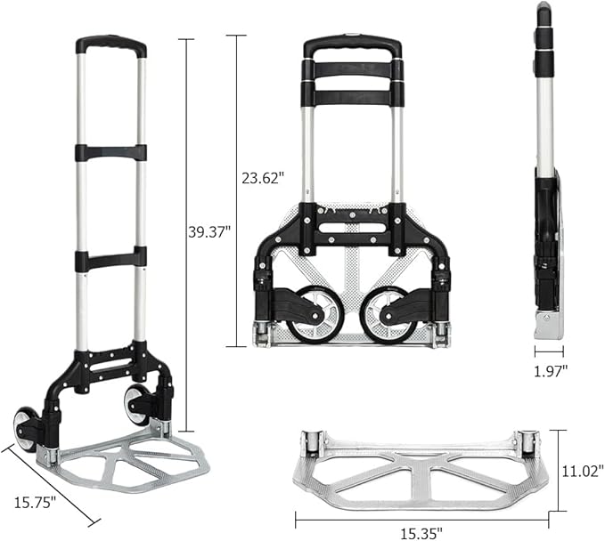 Folding Hand Truck Dolly, Aluminum Portable Foldable Dolly Cart, 200 lbs Capacity Collapsible Hand Cart with Wheels, Ideal for Shoping, Office, Travel, Moving, Black