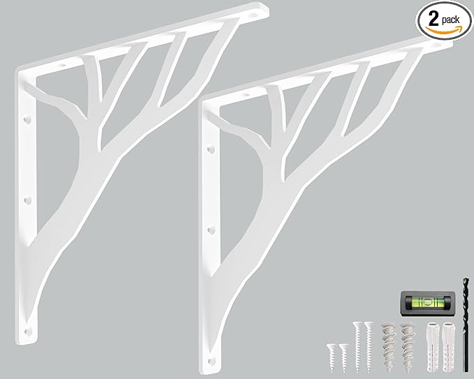 Rustic Tree White Heavy Duty Shelf Brackets 12 inch by Balin Designs, Decorative L Brackets, Iron Metal Floating Shelf Bracket, Wall Mount Shelving Bracket, Included Hardware, Set of 2