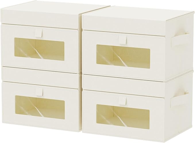 Transparent Window Storage Bin, Cube Organizer Basket with Flip-Top Lid and 2 Handles, Decorative Boxes with Cover, 4 Pack, Beige, 10.2 x 7.9 x 6.7 In, XSNY17BES-4