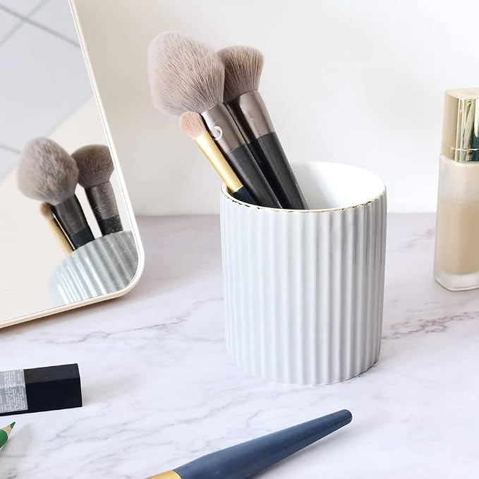 CROWNOS Pen Holder for Desk, Ceramic Pencil Cup Office Desk Organizer, Makeup Brush Holder, Light Gray