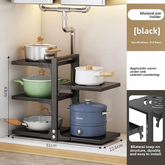 adjustable Pot and Pan Organizer for Cabinets - Heavy Duty No Drill Storage Rack, Fits 20 Inch Deep Shelves, Space Saving Under Shelf Design (each layer Max Load 15lbs)