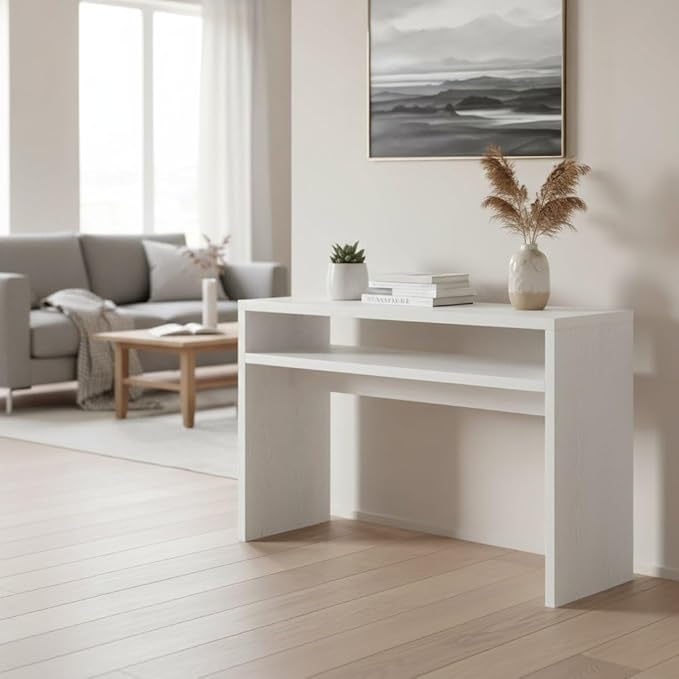 Furnifact Deluxe Hall Console Table with Display Shelf, Wide Entryway Accent Table for Foyer or Living Room, Engineered Wood, White