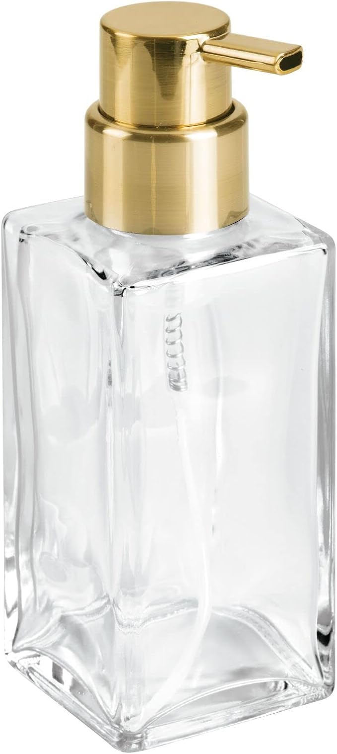 mDesign Glass Refillable Foaming Hand Soap Dispenser Modern Square Pump Bottle for Bathroom Vanities or Kitchen Sink, Countertops - 2 Pack - Clear/Soft Brass
