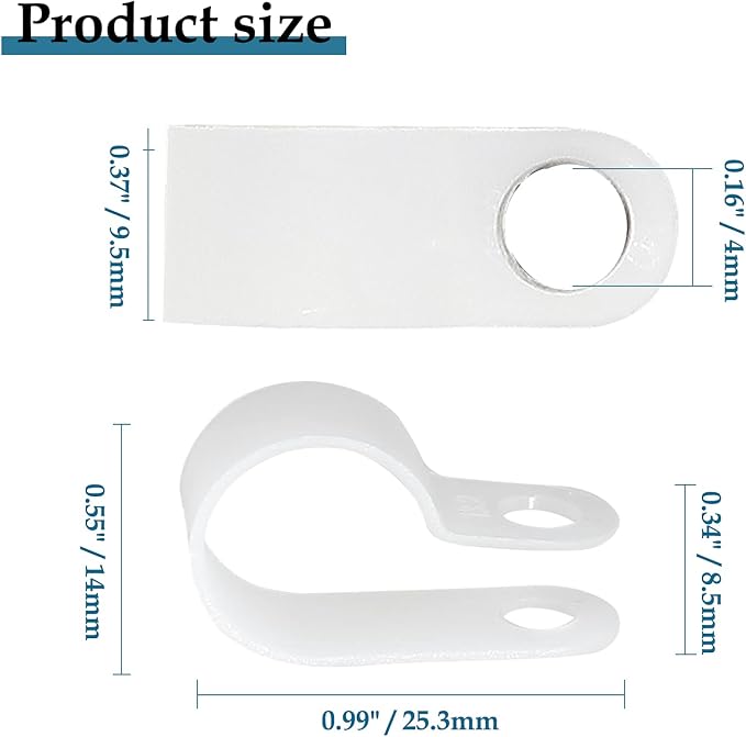 1/2 Inch R-Type Clip Clamp, 100 Pcs | Nylon P-Type Mounting Clips, Cable & Wire Management, Stainless Steel Screws Included