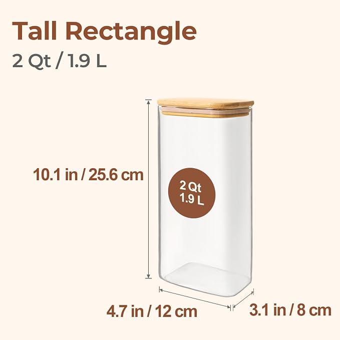 ComSaf Glass Storage Containers With Lids 2 Qt, Set of 3 Cereal Containers | Rectangle Pantry Storage Container, Jar With Bamboo Lid, Glass Cereal Dispenser, Kitchen Storage Flour, Sugar, 64oz, BPA Free