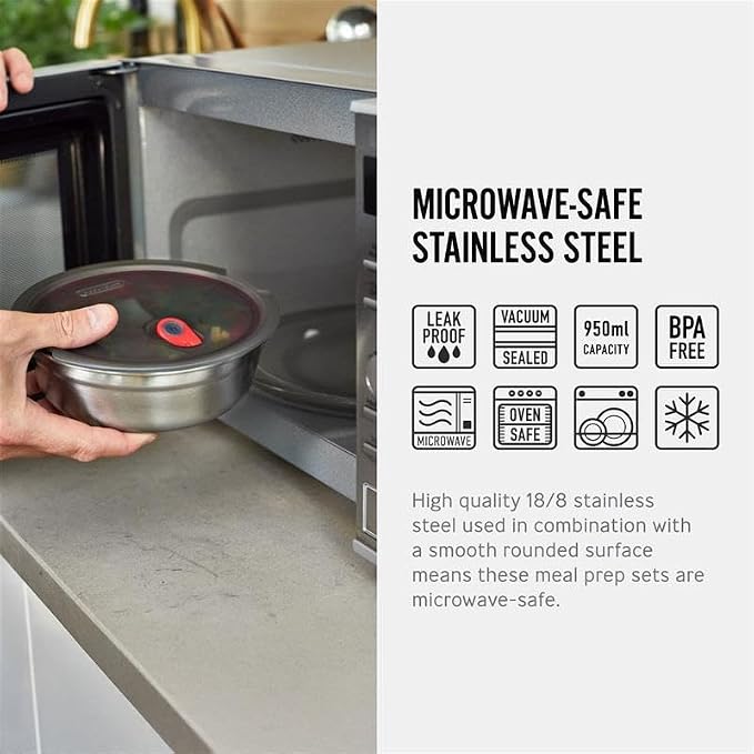 BLACK + BLUM Lunch Bowl | Microwave Safe Stainless Steel | 950ml | Leak Proof & Airtight, Durable & Reusable, Stackable Food Storage, Ideal for Meal Prep Batch Cooking, Lunches and Snacks