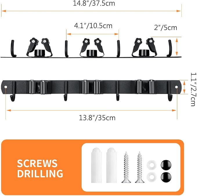 2 Pack Broom Hanger and Mop Holder, Heavy Duty Garden Tool Organizer Rack Rake and Shovel Handle, Stainless Steel Wall Mounted Utility Rack with Screws (3 Racks with 4 Hooks, Matte Black).